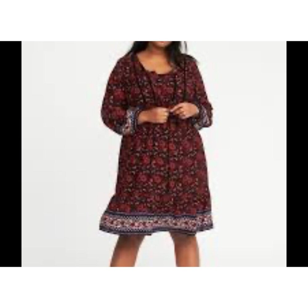Old Navy Swing Dress XXL Red Floral Tie Neck Velvet Trim Cottagecore Whimsigoth